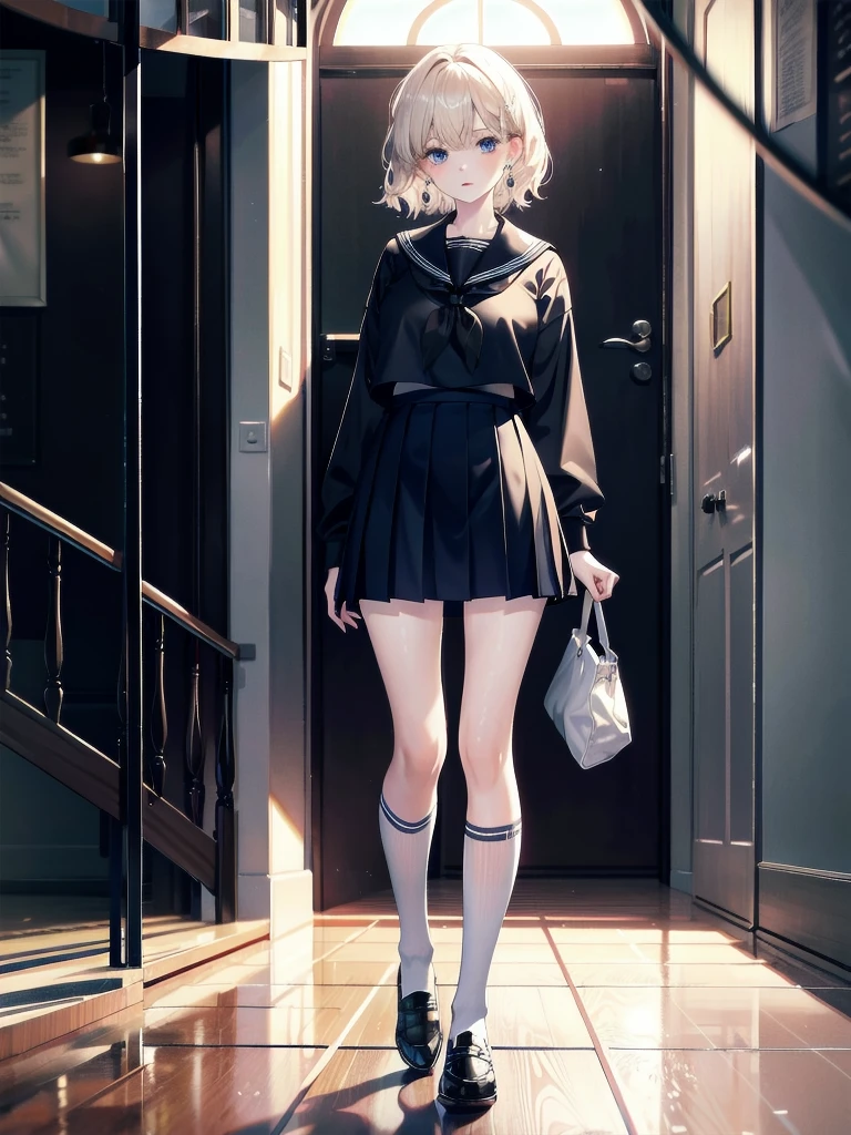 full body shot, absurdres, RAW photo, extremely delicate and beautiful, masterpiece, Best Quality, ultra high resolution, 32k, hyperrealistic, ultra-detailed, detailed description, pale skin, 20 years old, tearful mole, earring, Colossal tits, short medium hair, wavy hair, sailor uniform, school_uniform,