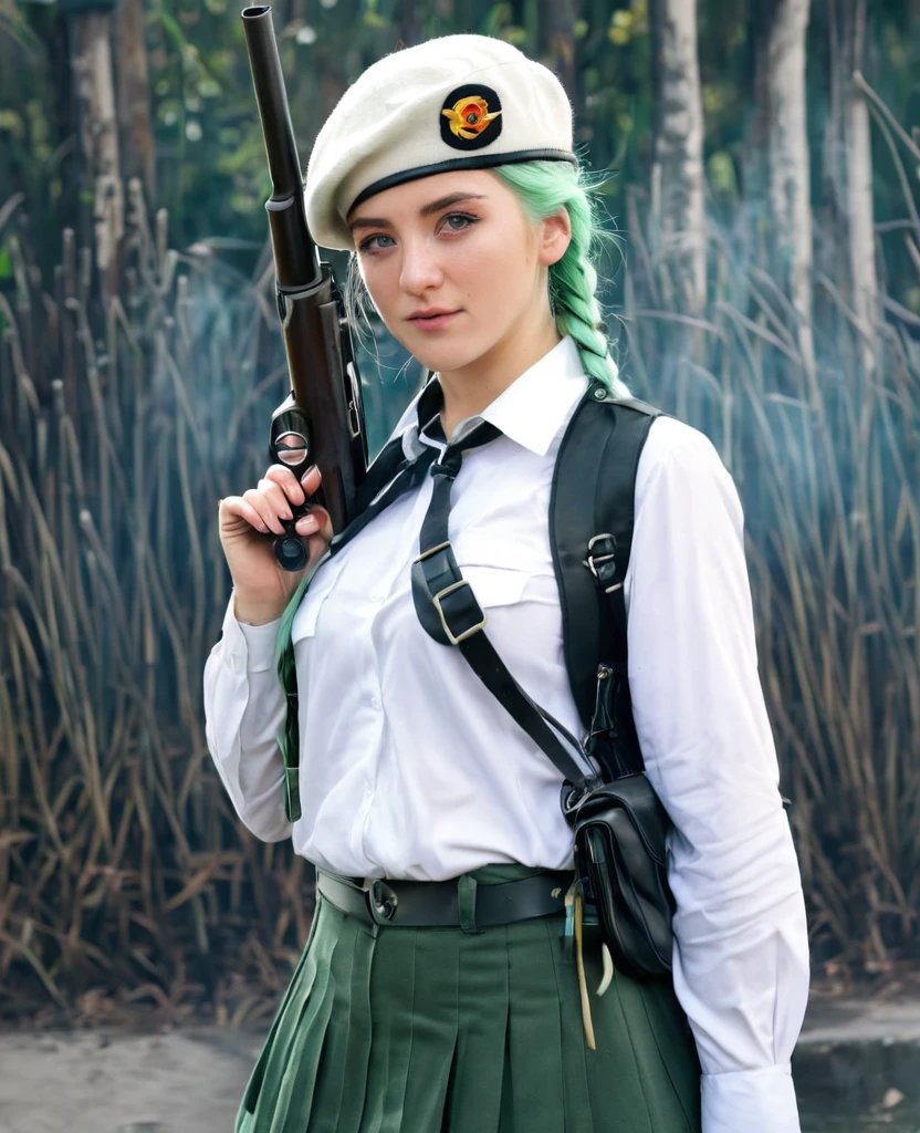 1girl solider, (bags under eyes:1.5), mint hair, twin_braid, white beret,  shirt, firing on gun, looking viewer, High resolution, Ultra HD