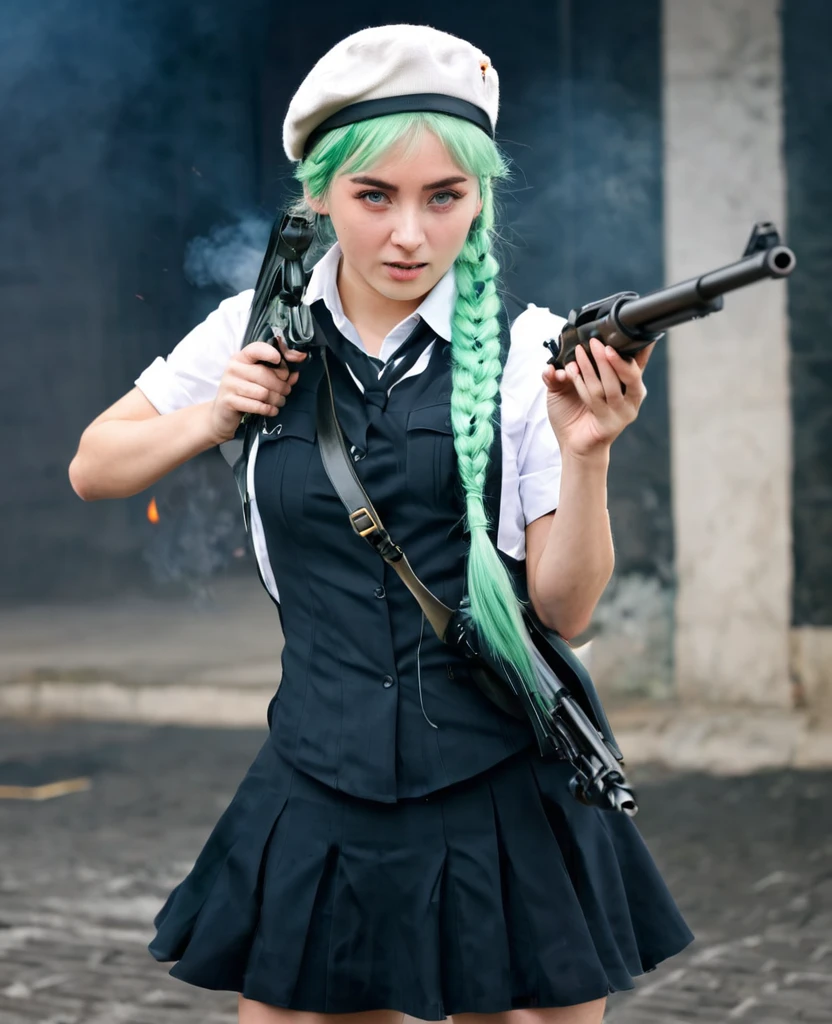 1girl solider, (bags under eyes:1.5), mint hair, twin_braid, white beret, shirt, firing on gun, looking viewer, High resolution, Ultra HD