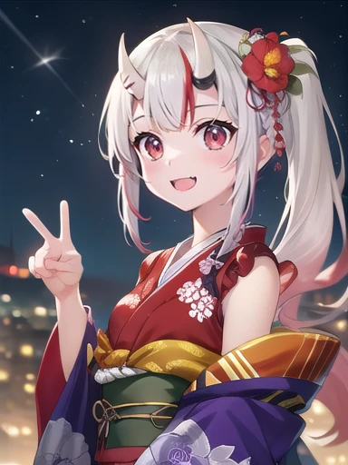(masterpiece:1.3),((High resolution)),((high quality)),((Super detailed))、One girl、Perfect balance、((Upper Body))、Perfect Face、Detailed face、Cute face、beautiful詳細な目、Expressive eyes、Cute eyes、Shiny eyes、 alone,nakiri ayame, Long Hair, Side Ponytail, Iris New Year,Red kimono, Floral print, Hair Flowers, sash, Wide sleeves, (Browsing Caution:1.4), (head shot)、peace sign、Embarrassing、blush、beautiful女の子、Cute face、beautiful顔、Cute face、beautiful、Best Quality、Good anatomy、((smile:1.5))、((Super detailedな背景)),Mistress Pose,Night Sky,Meteors,shooting star, ((8K Wallpaper)) , Watching the audience, Moody lighting, In-person audience
