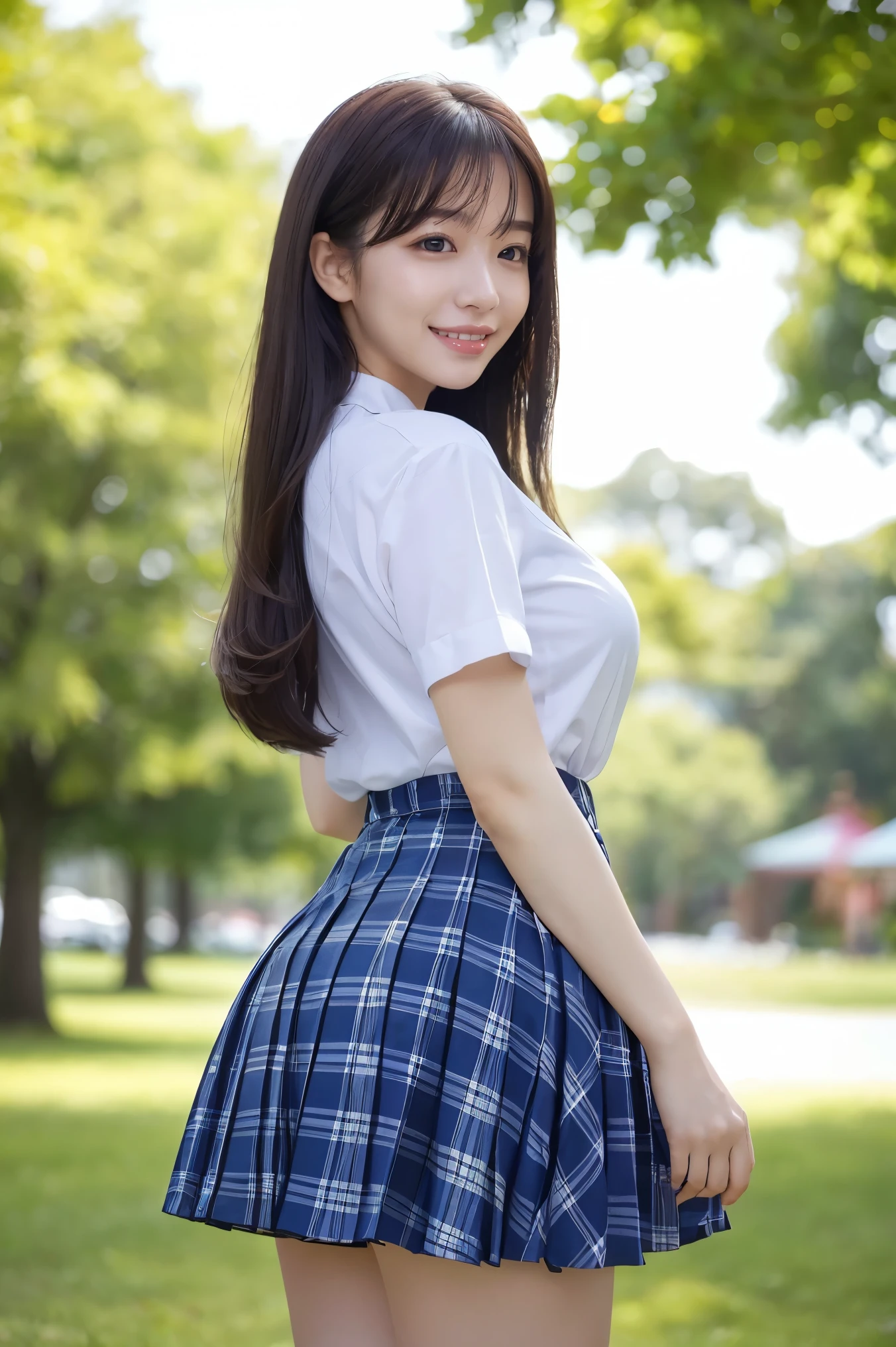 (highest quality、Tabletop、8k、Best image quality、Award-winning works)、One high school girl、16 years old、(alone:1.1)、(One photo:1.1)、Perfect beautiful composition、(Large Breasts:1.3)、(Accentuate your body lines:1.1)、(Perfect and precise white polyester shirt:1.1)、(Navy plaid pleated skirt:1.1)、(Photo on the leg:1.2)、Look at me and smile、(Beautiful park background with strong blur:1.1)、The most natural and perfect beauty park、Perfectly maintained regular park、Standing Elegantly、Natural Makeup、(Thick legs:1.2)、(Glamorous Body:1.3)、Ultra-high definition beauty face、Ultra HD Hair、Ultra-high definition sparkling eyes、(Ultra-high resolution glossy skin:1.1)、Ultra-high quality glossy lips、Accurate anatomy、(very bright and vivid:1.1)、(Rear view:1.3)、(She&#39;s pointing her butt towards me:1.2)、(big and beautiful hips:1.2)、(Emphasizes the beautiful hip line:1.1)、