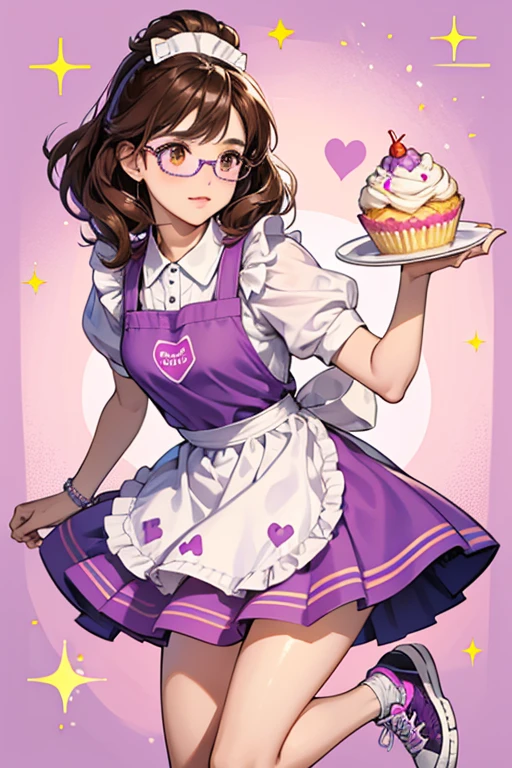 Cindy has light brown skin, brown eyes and brown hair, She wears magenta-coloured glasses, purple sneakers, a light purple dress with a white collar, and a blue baker's apron with a cupcake pattern on it. SPARKLE; GLITTER