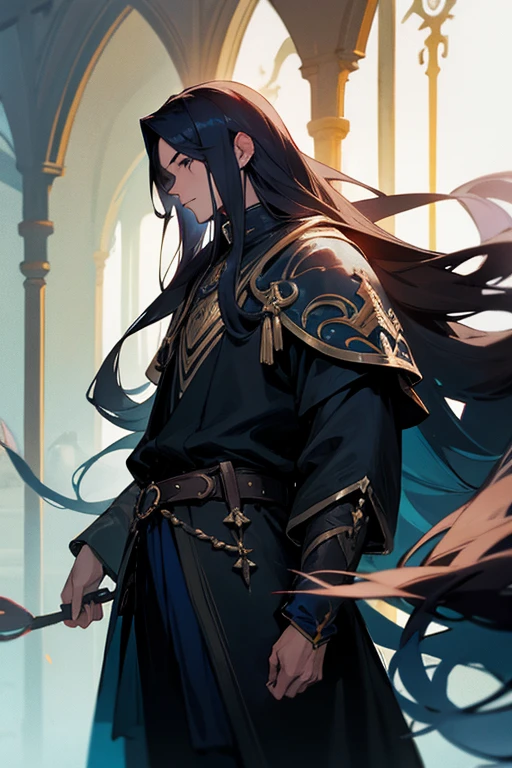 complicated clothes, fantasy, man, long hair,