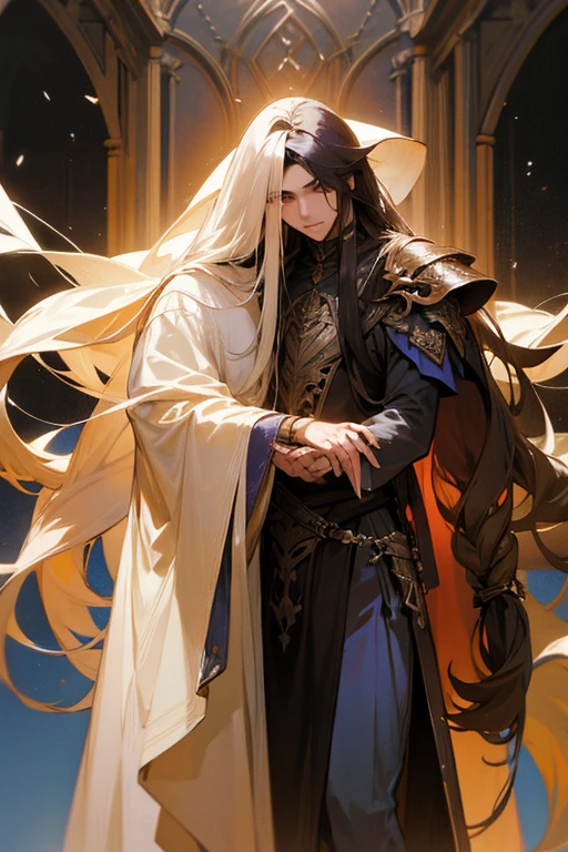 complicated clothes, fantasy, man, long hair,