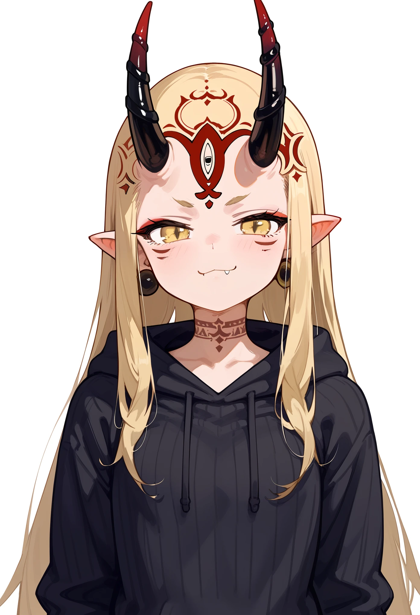 1girl, long hair, blonde hair, sidelocks, yellow eyes, pointy ears, facial mark, tattoo, forehead mark, oni, horns, black sweater, hoodie, earrings, jewelry, barefoot, smug, closed mouth, fang, standing, arms on sides, upper body, score_9, score_8_up, score_7_up, masterpiece, Very aesthetic, best quality, white background 