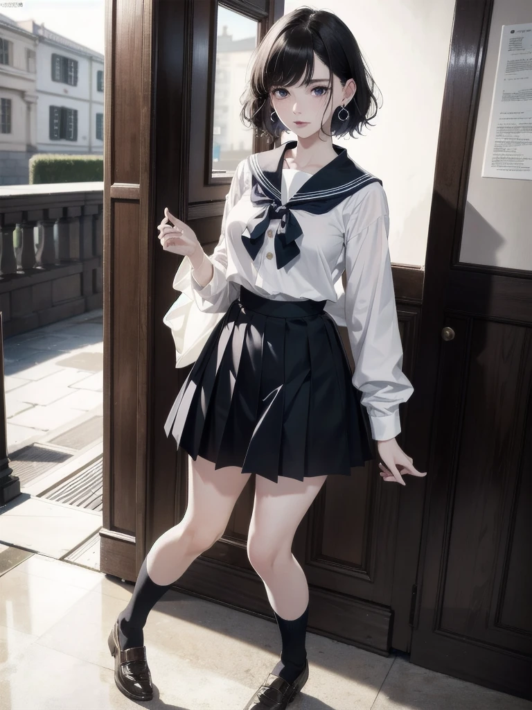 full body shot, absurdres, RAW photo, extremely delicate and beautiful, masterpiece, Best Quality, ultra high resolution, 32k, hyperrealistic, ultra-detailed, detailed description, pale skin, 20 years old, tearful mole, earring, Colossal tits, short medium hair, wavy hair, sailor uniform, school_uniform,