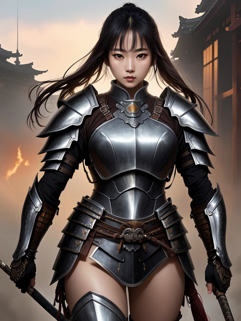 masterpiece、Surrealism、32k、Highly detailed CG Unity 8k wallpaper、Top quality、original photo、Japanese、Sexy body girl、(warrior:1.25)、(Black Japanese armor)、Brown's Pauldrons、With sheath、scabbard、Natural sunlight、Background of red autumn leaves、fierce look、dynamic poses、Full Body Esbian、perfect beautiful hands、Detailed fingers、 Beautifully detailed eyes、perfect eyes charming eyes、Dark-haired、Length of hair