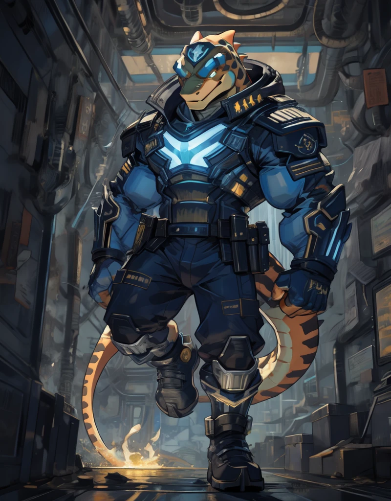 A muscular orange anthropomorphic lizard with orange ,wearing a tight navy blue futuristic scfi superhero battle outfit, useing telekinesis to fight crime, in a metropolis
