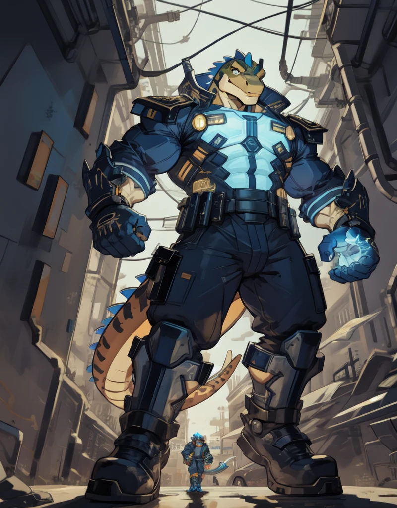 A muscular orange anthropomorphic lizard with orange ,wearing a tight navy blue futuristic scfi superhero battle outfit, useing telekinesis to fight crime, in a metropolis