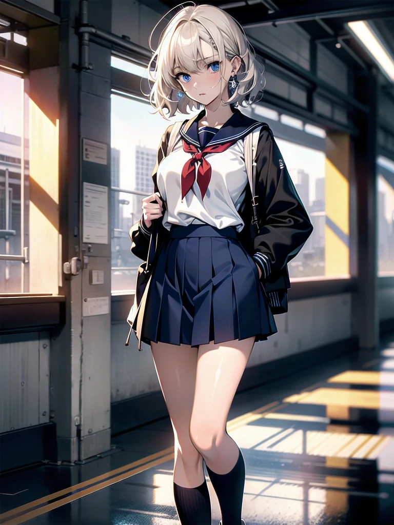 full body shot, absurdres, RAW photo, extremely delicate and beautiful, masterpiece, Best Quality, ultra high resolution, 32k, hyperrealistic, ultra-detailed, detailed description, pale skin, 20 years old, tearful mole, earring, Colossal tits, short medium hair, wavy hair, sailor uniform, school_uniform,