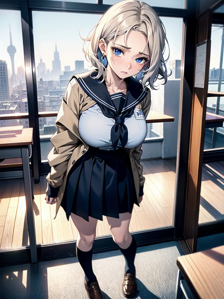 full body shot, absurdres, RAW photo, extremely delicate and beautiful, masterpiece, Best Quality, ultra high resolution, 32k, hyperrealistic, ultra-detailed, detailed description, pale skin, 20 years old, tearful mole, earring, Colossal tits, short medium hair, wavy hair, sailor uniform, school_uniform,