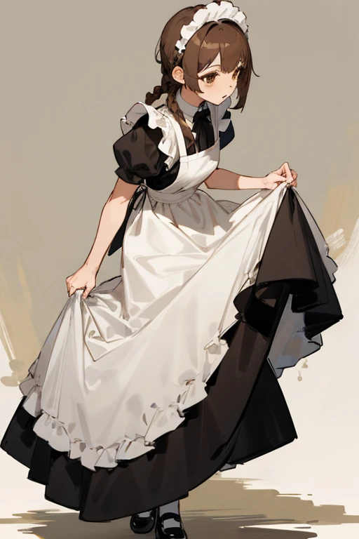Mujer, ground brown hair with a braid, Brown eyes, con traje de maid