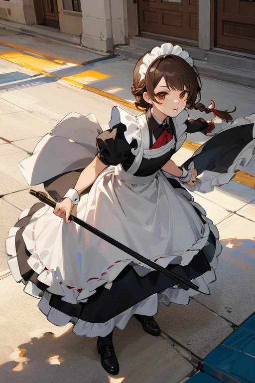Mujer, ground brown hair with a braid, Brown eyes, con traje de maid