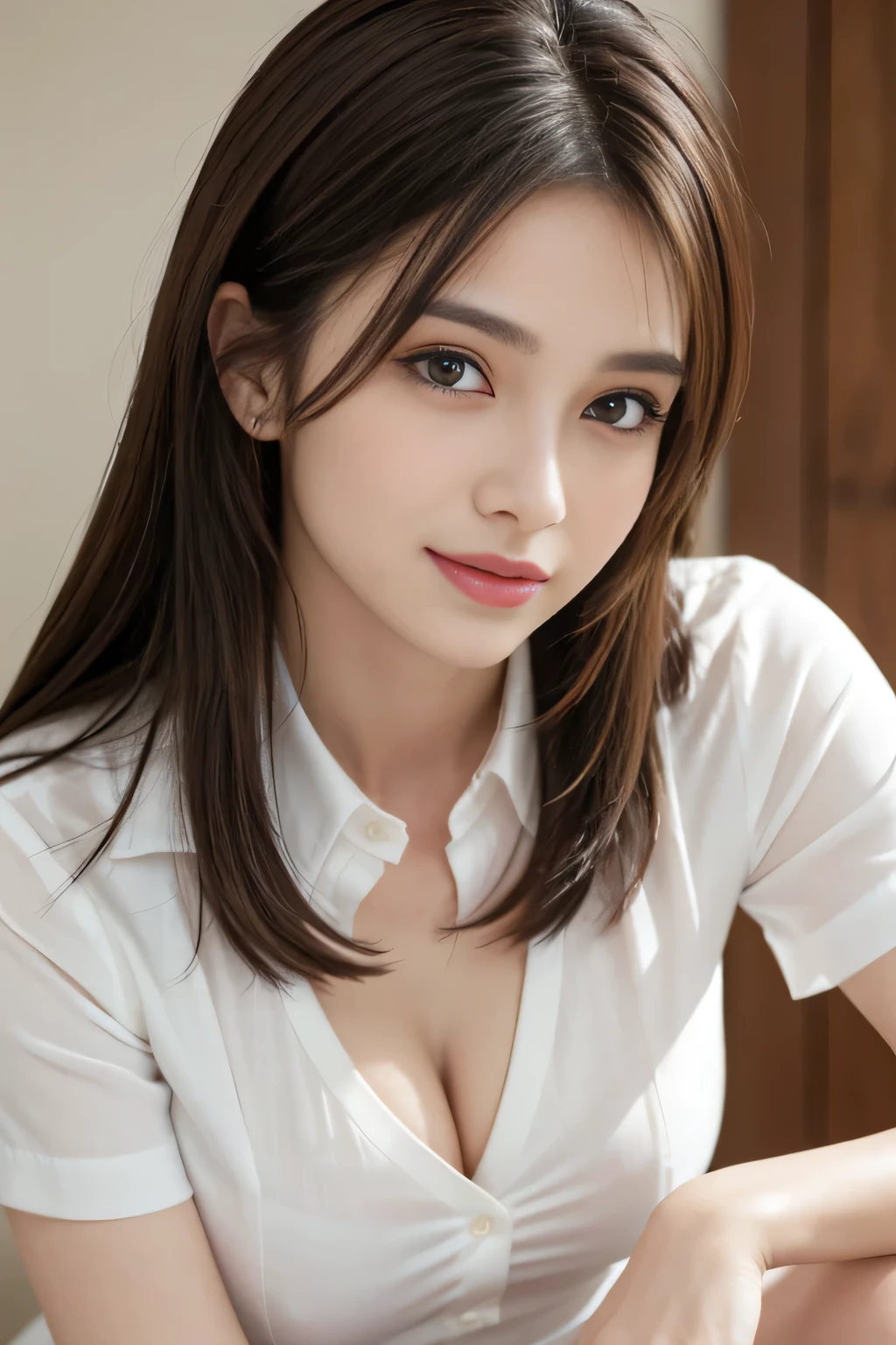 (RAW Photos), (Realistic), (masterpiece), (highest quality), High resolution, 8k, (Intricate details), (Volumetric Light), Portraiture, woman, Age 25, Medium Hair, Straight hair, Layered Hair, Brown Hair, Very beautiful eyes, Source order, Very thin eyebrows, Very fine skin, Very beautiful mouth, Very nice nose, Cute like an idol, Cleavage、smile, (Thick lips), (Looking at the audience), (Collared dress shirt), Above the knee shot,Slim figure、