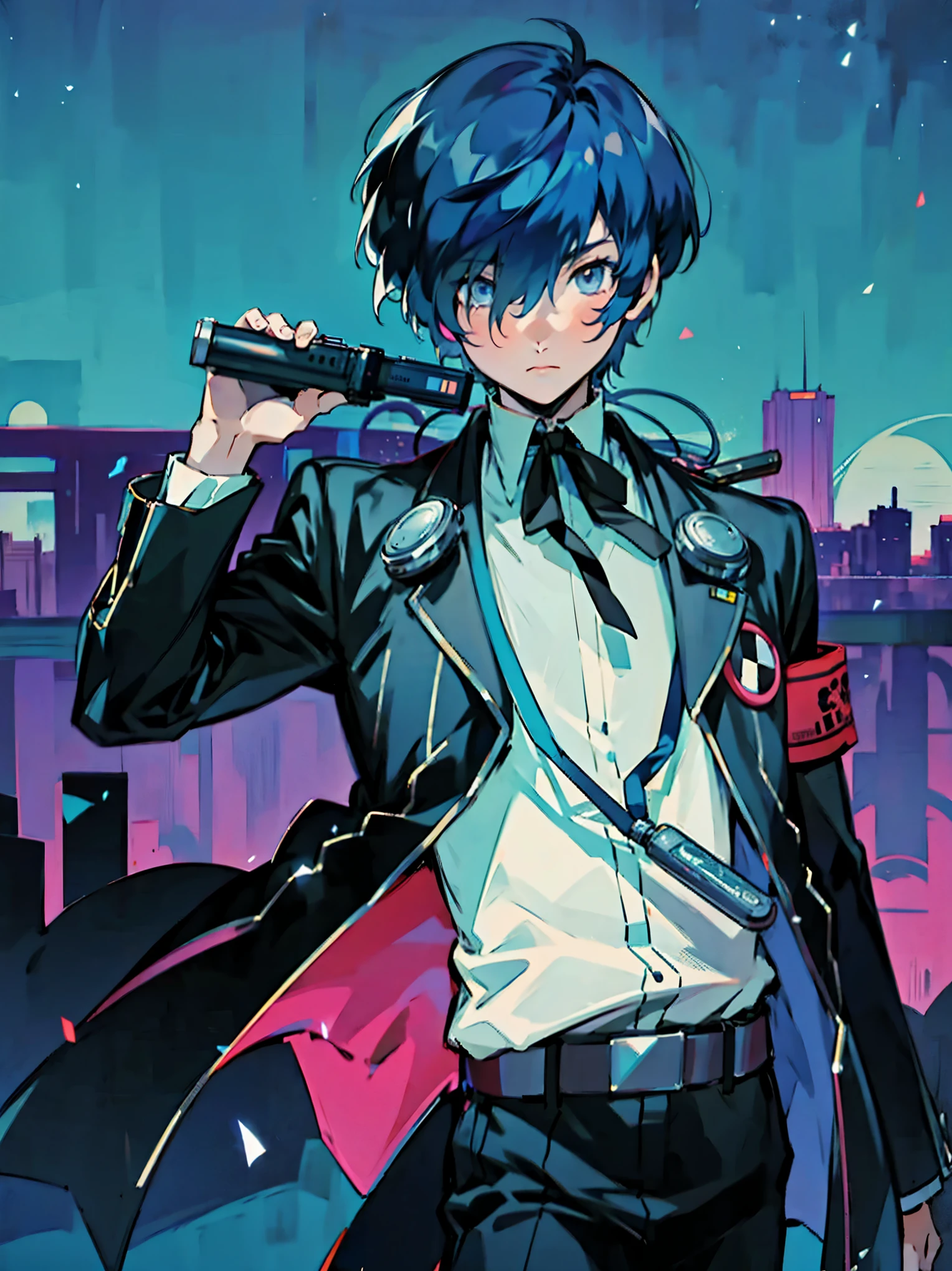 Solo, 1 boy, Makoto yuki, cool pose, perfect anatomy, neat lineart,4k, city landscape scenery, looking at camera, glowing lights in the background, black roses on the ground, 
, jacket, ribbon, armband, digital media player, dark blue hair, black jacket, white shirt, ribbon on neck, short hair, hair covering one eye, gloomy expression