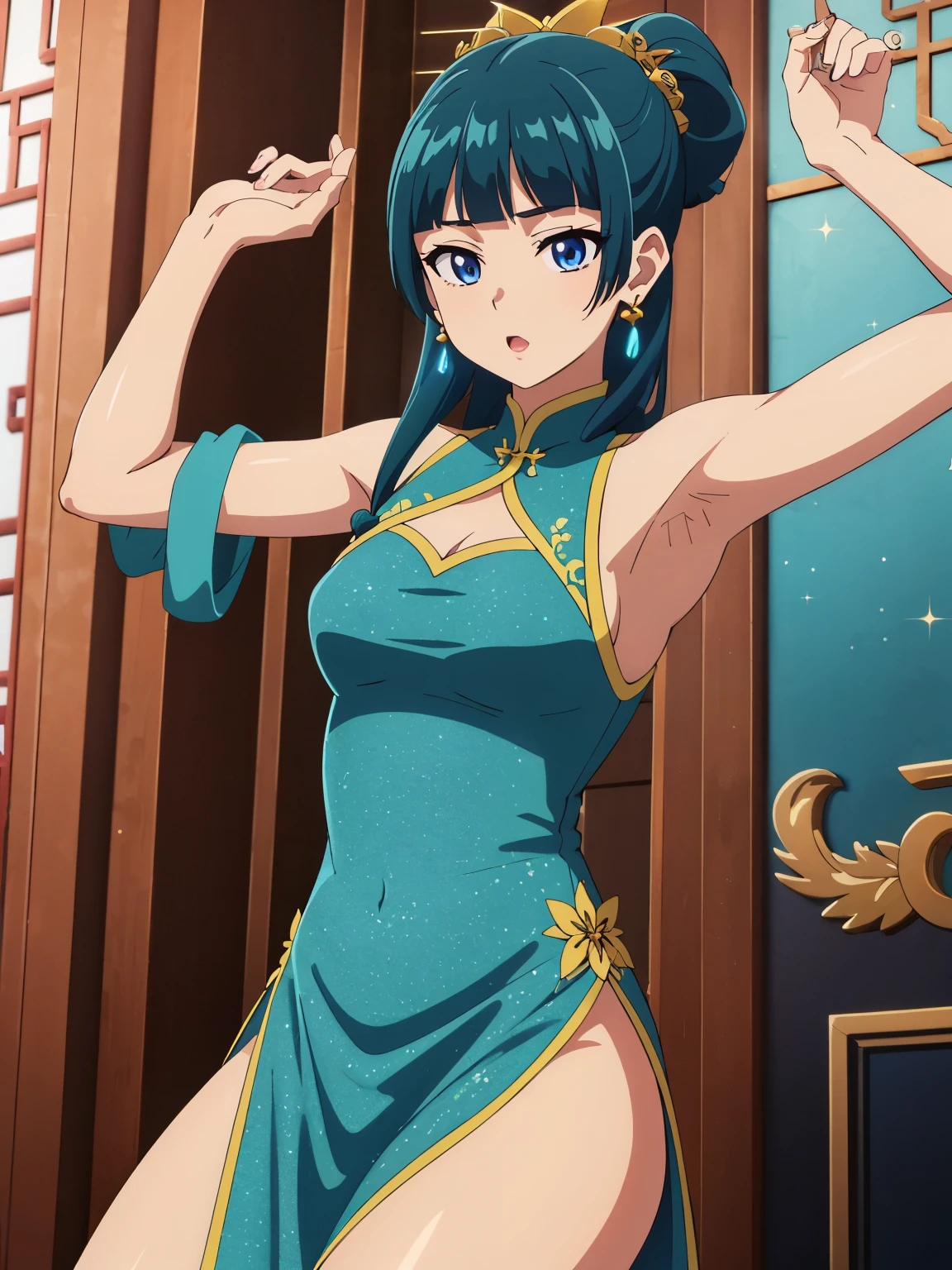 Armpit Show,highest quality (8k, High resolution, masterpiece: 1.2), Very detailed, Anime art style, Dynamic Angle, Teen Style, (China dress, Exposed shoulders, Earrings, indoor,), Detailed green hair, Detailed blue eyes, Complicated hairstyle, Long Hair , The body is slim, Sparkling eyes, like々Shii, hair accessory, Earrings, Half Up, Slightly blunt bangs, Detailed lighting, Bright colors, Looking at the audience, Center the image, Cowboy Shot,