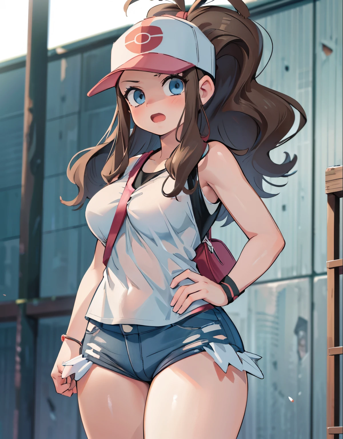 (best quality,4k,8k,highres,masterpiece:1.2),ultra-detailed,(realistic,photorealistic,photo-realistic:1.37)highres,portrait,beautiful girl, ultra-detailed, realistic:1.37, sketches, hilda pokemon, def1, detailed eyes, beautiful eyes, anime style eyes, perfect hands, curvy, visible thighs, chubby thighs, thighs in the foreground, annoyed look, open mouth, encanto femenino, in a abandoned warehouse, dinamic pose