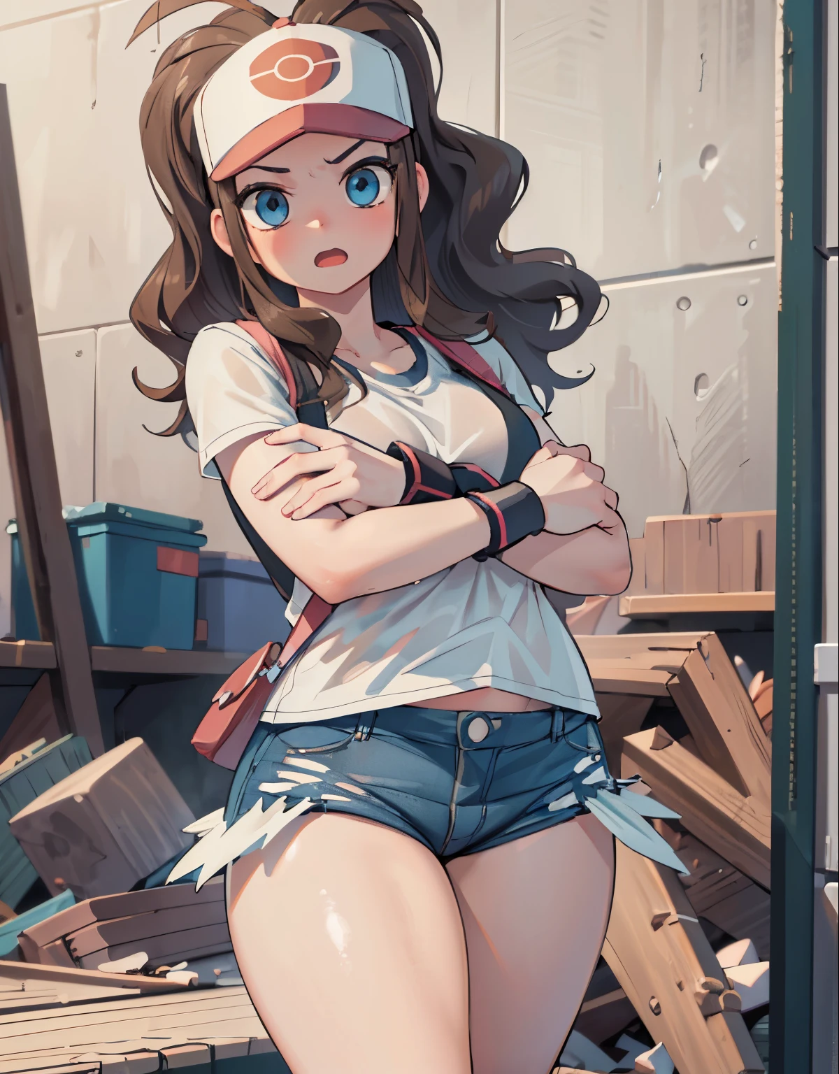 (best quality,4k,8k,highres,masterpiece:1.2),ultra-detailed,(realistic,photorealistic,photo-realistic:1.37)highres,portrait,beautiful girl, ultra-detailed, realistic:1.37, sketches, hilda pokemon, def1, detailed eyes, beautiful eyes, anime style eyes, perfect hands, curvy, visible thighs, chubby thighs, thighs in the foreground, annoyed look, open mouth, encanto fe******,  in a abandoned warehouse, dinamic pose