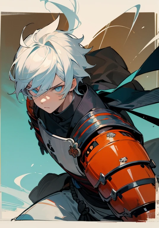 Masterpiece, best quality, expressive eyes, perfect face, 1boy, male focus, samurai armor, orange panels, white hair, cyan eyes, armor, bear,