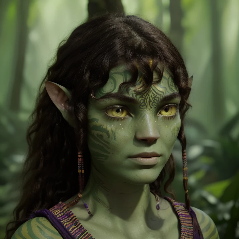 avatar style, (face portrait:1.6), naavi, 1girl, female, (yellow eyes), (big eyes), ((eyebrowless)), pointy ears, (forest green skin tone:1.0), (curly hair:1.0), black hair color, ((flowy hairstyle)), ((bangs)), (young adult), 18 years old, face wrinkles, wearing colorful tribal clothing, (wearing tribal acessories), detailed eyes, toned body, muscled body, vibrant colors, glowing, ethereal atmosphere, surrealistic dreamy lighting, textured skin, otherworldly beauty, mesmerizing photography, (best quality, highres), vivid colors, ultrarealistic, skin details, striped skin, sfw, face close-up:0.5, ultradetailed body, ((green skin)), Brazilian Native, photo of lea woman