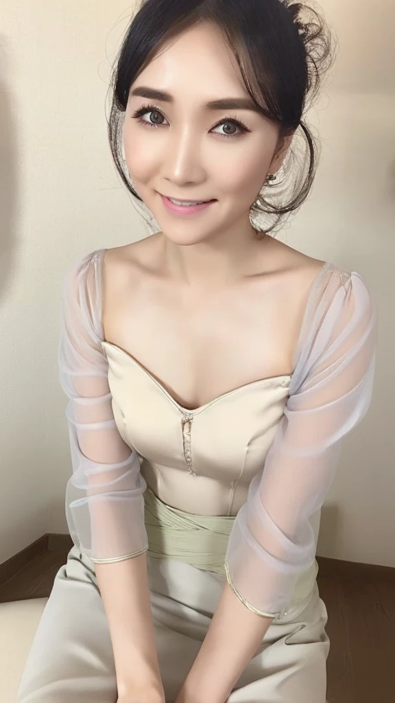 One beautiful woman, high resolution, wallpaper 8K screen, top quality, realistic, super detailed, fine, perfect dynamic composition, (1 Japanese mature woman sitting in front of the dresser and applying makeup), (sit on a round chair: 1.2), (48 years old), ((Realistic skin texture)), (Fine wrinkles throughout the skin: 1.3), (Dull skin: 1.1), (Skin without moisture: 1.2) , (Wrinkles on the face: 0.9), (Wrinkles on the corners of the eyes: 1.2), Double eyelids, tear bags on the lower eyelids, (Crying moles: 0.9), serious gaze, (Dimples: 1.2), sharpness, detailed and beautiful eyes, short hairstyle, thin hair, detailed and realistic skin texture, smile, soft fabric blouse, wide sleeves, Cuffs that fit your wrist, (The hem of the blouse is tucked into the skirt: 1.2), flare skirt, (see-through dress: 1.3), slender body shape with small breasts, (Focus from the waist up portrait: 1.4),