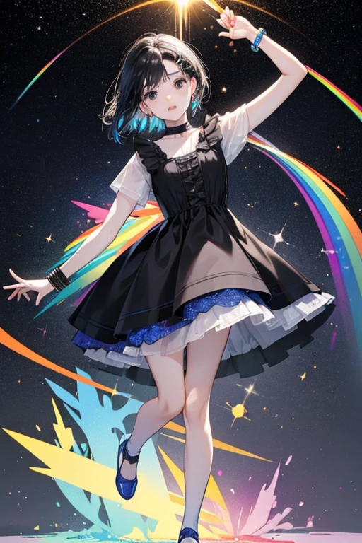June has pale skin, black eyes and black hair, she wears rainbow bracelets, an indigo dress and orange shoes with white socks. SPARKLE; GLITTER