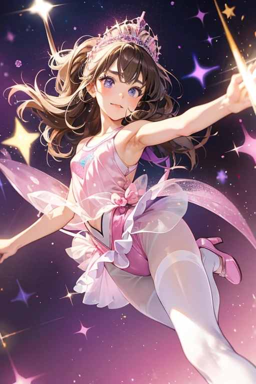 Hannah normally has dark brown wavy hair,  She wears a dark purple tank top with silver star decorations on it, a pink tutu, white tights, and pink ballet shoes. SPARKLE; GLITTER