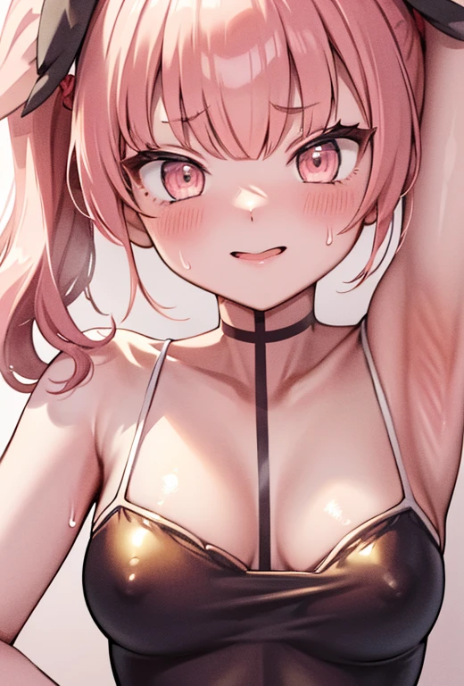 masterpiece,16k,8k,Delicate expression,highest quality,high resolution,High resolution,Sweat,1girl,look at viewer, seductive smile,sweat stains,pink hair,armpits,close up face