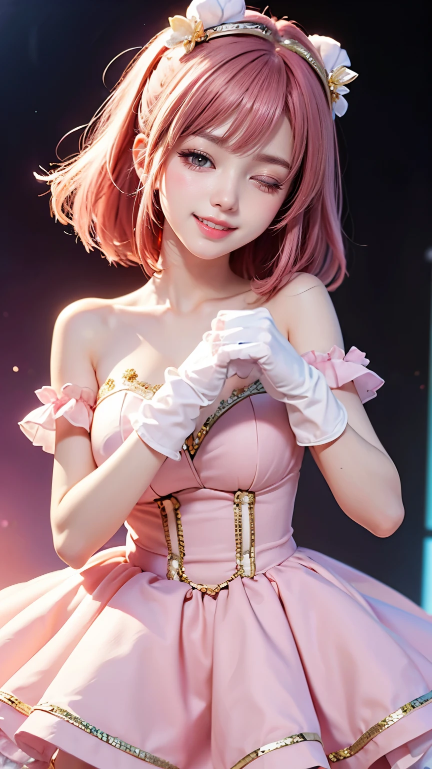 (illustratio:1.1)、(top-quality)、(​masterpiece:1.1)、(beautiful and clear background:1.25)、(​masterpiece、top-quality、ultra-detailliert)、(Photorealsitic)、(beatiful detailed eyes)、Big tits
stage、stage lighrt、(A pink-haired、red hairs)、
1girl in、solo、looking at the viewers、cowboy  shot、The upper part of the body、
 Ayumu Uehara、yellow  eyes、frilly dress、Pastel Pink Dresses、Light smile、depth of fields、(Pastel pink gloves:1.4)、Ruffled gloves、Bangs sweep、
bare shoulders​、one eye closed、Round teeth、
Love Pose,Double V,