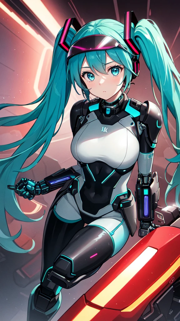 1girl, solo, (hatsune miku), big breasts, aqua hair, aqua eyes, twintails, heavy cybernetic boots, heavy cybernetic gauntlets, heavy cybernetic leotard, (heavy cybernetic visor:1.1), cybernetic face mask, cybernetic armor plating, mechanical parts, determined, glowing neon, thrusters, armor cooling vents, android, science fiction, motorcycle, mobile suit, good_face:0.8