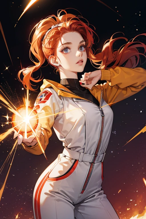 Felix has grey eyes, pale skin and bright red hair, originally worn in pigtails fastened with lightning bolt hairclips. This is changed to a fauxhawk with orange highlights. She also has red nails with yellow lightning bolt symbols.
Felix wears a white jumpsuit with a golden glitter cummerbund and a lightning bolt symbol in the same color scheme. She wears a short blue jacket over her jumpsuit. SPARKLE; GLITTER