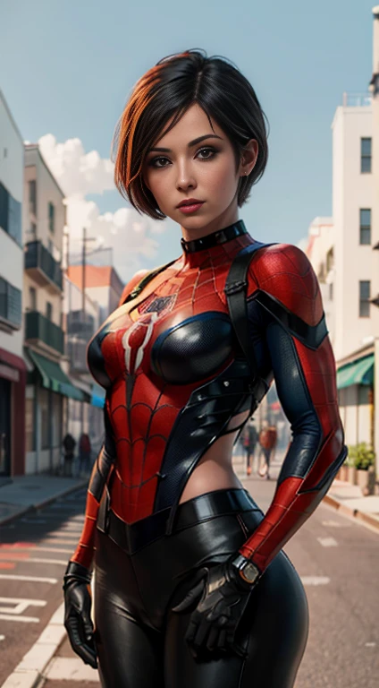 Spider-Man, bustling street, (inspired by Mass Effect), Spider-Man suit, safety rating, breast enlargement, fat buttocks, leather pants wrapped around hips (8k, foto raw, fotorrealista: 1, 25), (muito brilho labial, lots of eyelashes, melhor qualidade, ultra high resolution, profundidade de campo, Chromatic aberration, luz ampla, cor natural, distant image (1:2)