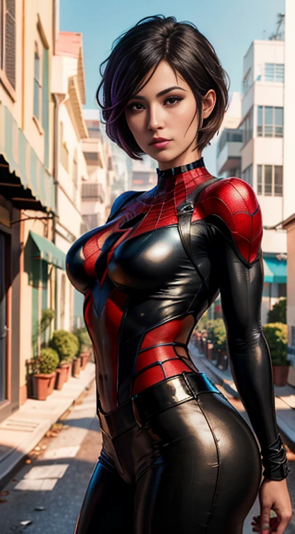 Spider-Man, bustling street, (inspired by Mass Effect), Spider-Man suit, safety rating, breast enlargement, fat buttocks, leather pants wrapped around hips (8k, foto raw, fotorrealista: 1, 25), (muito brilho labial, lots of eyelashes, melhor qualidade, ultra high resolution, profundidade de campo, Chromatic aberration, luz ampla, cor natural, distant image (1:2)