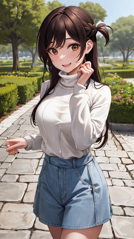 Obra maestra, mejor calidad, high resolution, chi1, 1 chica, pelo largo, trenza, one side up, solo, White Turtleneck Sweater, Falda a cuadros verde hasta la rodilla, golpes, al aire libre, sonrisa, pendientes, sosteniendo una bolsa