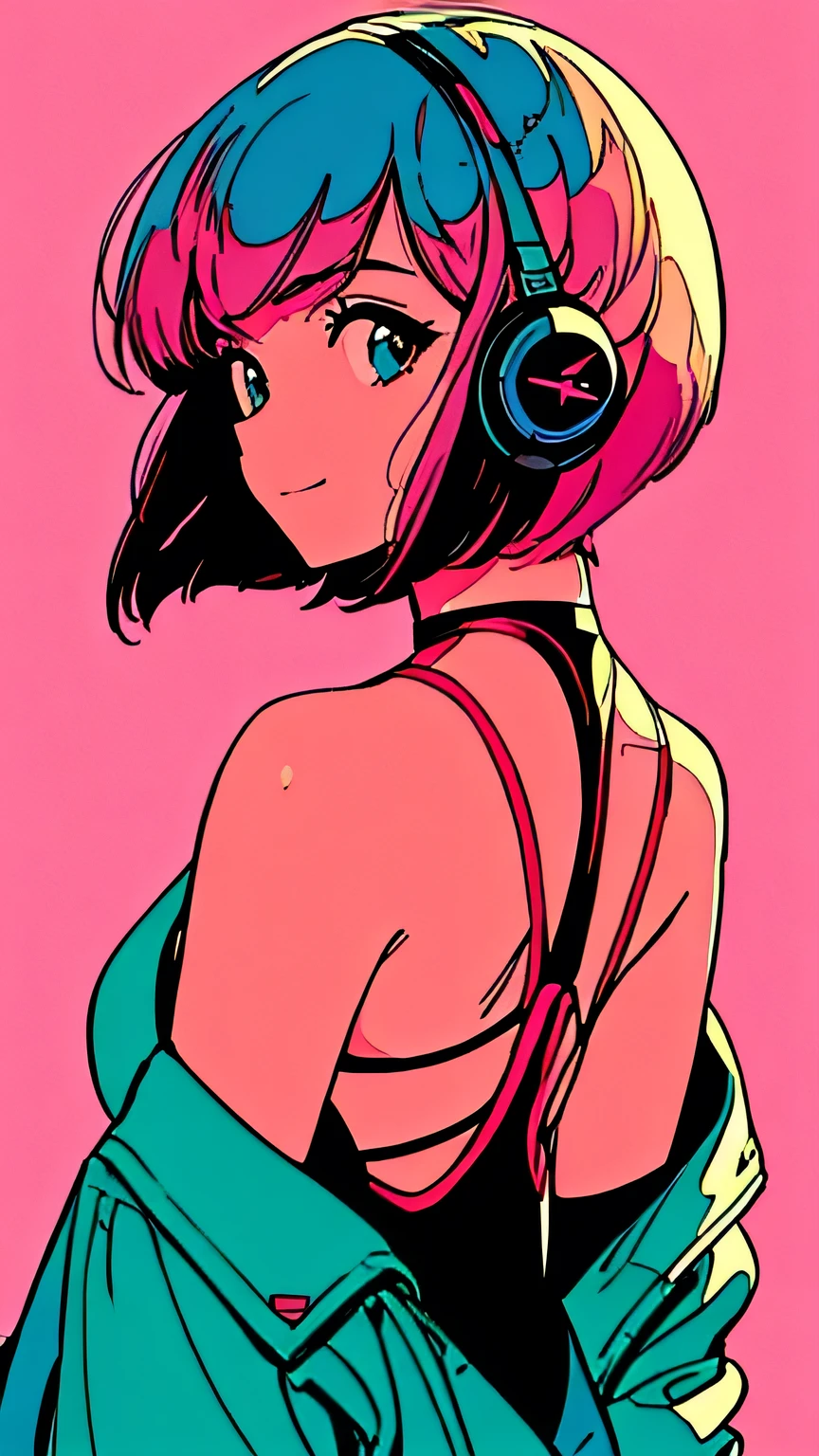 master piece, street fasion, Pink Hair, fluffy bob cut, shoulder length, alone, Futuristic, yet, lofi, retro, Alley, High resolution, ligit smile, Sunset, ((back shot)), looking away,  high resolution, chillout, wearing headphones, simple background