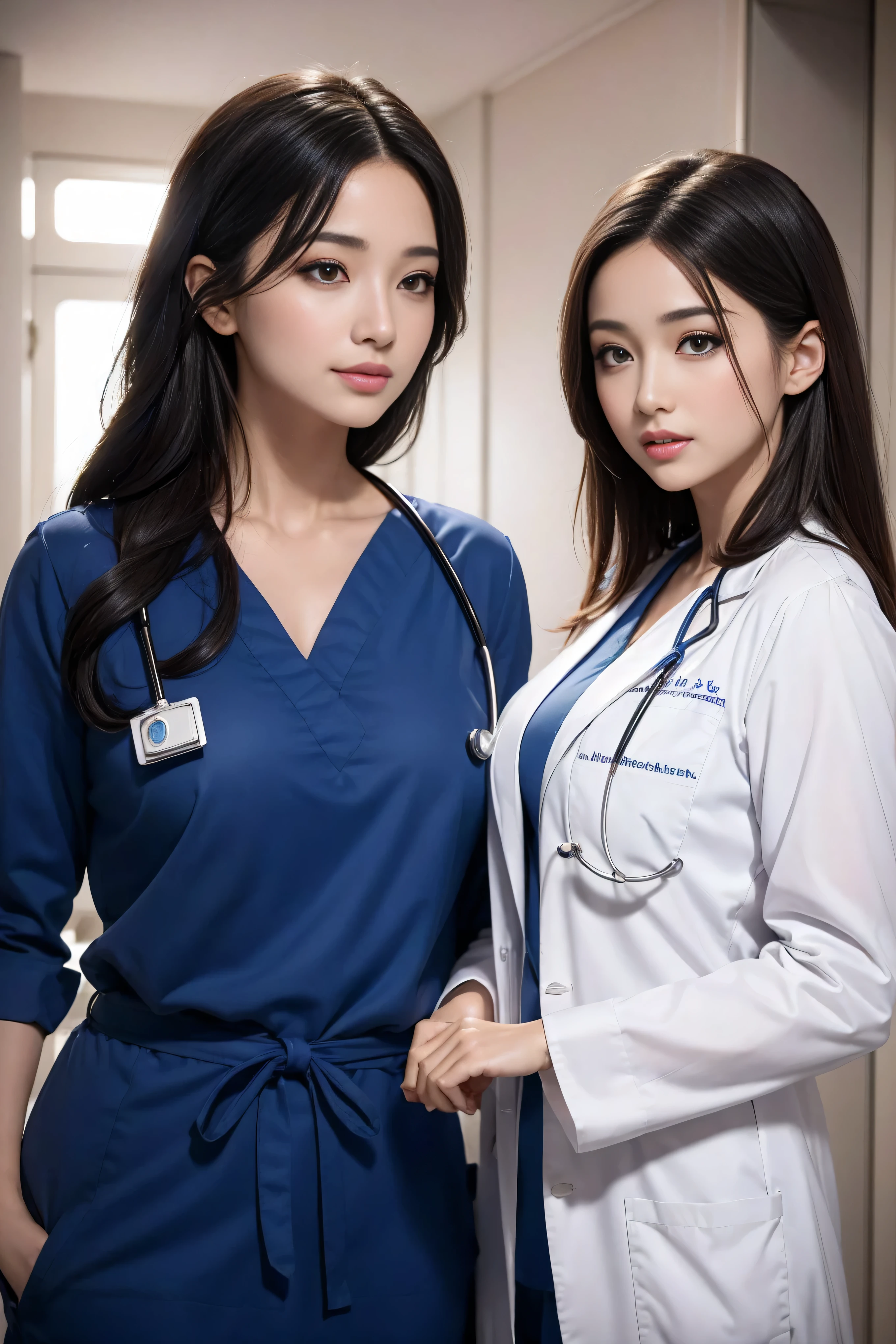 Realistic beautiful doctor、Stunningly beautiful、Doctor's white coat, Collared shirt、(Top quality、8K、32K、masterpiece、North African Trade Zone:1.3)、Ultra-high resolution,(Reality:1.4),Original Photography, Detailed face,,Beautiful hair, ((Doctor style)),,((Leg length)), (Thigh gap:1.5), , Black tight skirt、 Natural Makeup,, Big plump breasts、In the hospital, Detailed background, Perfect lighting, Depth of Field, Beautiful shadow gradient,Stethoscope ,Full body proportion photo