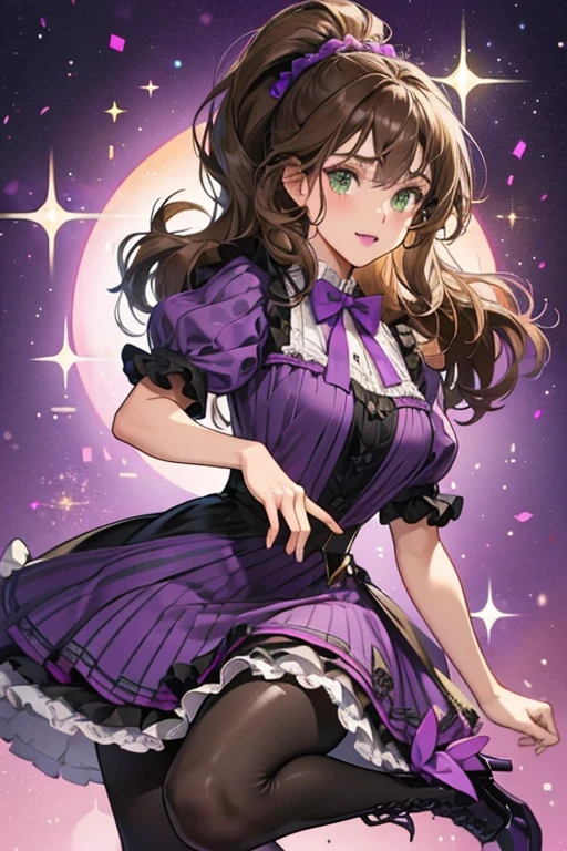 Lacey has light brown skin, curly brown hair styled in a ponytail and dark green eyes. She wears a purple lipstick, a ruffled purple dress with a black bowtie, a grayish purple leggings and the magenta boots. SPARKLE; GLITTER