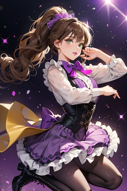 Lacey has light brown skin, curly brown hair styled in a ponytail and dark green eyes. She wears a purple lipstick, a ruffled purple dress with a black bowtie, a grayish purple leggings and the magenta boots.  SPARKLE; GLITTER