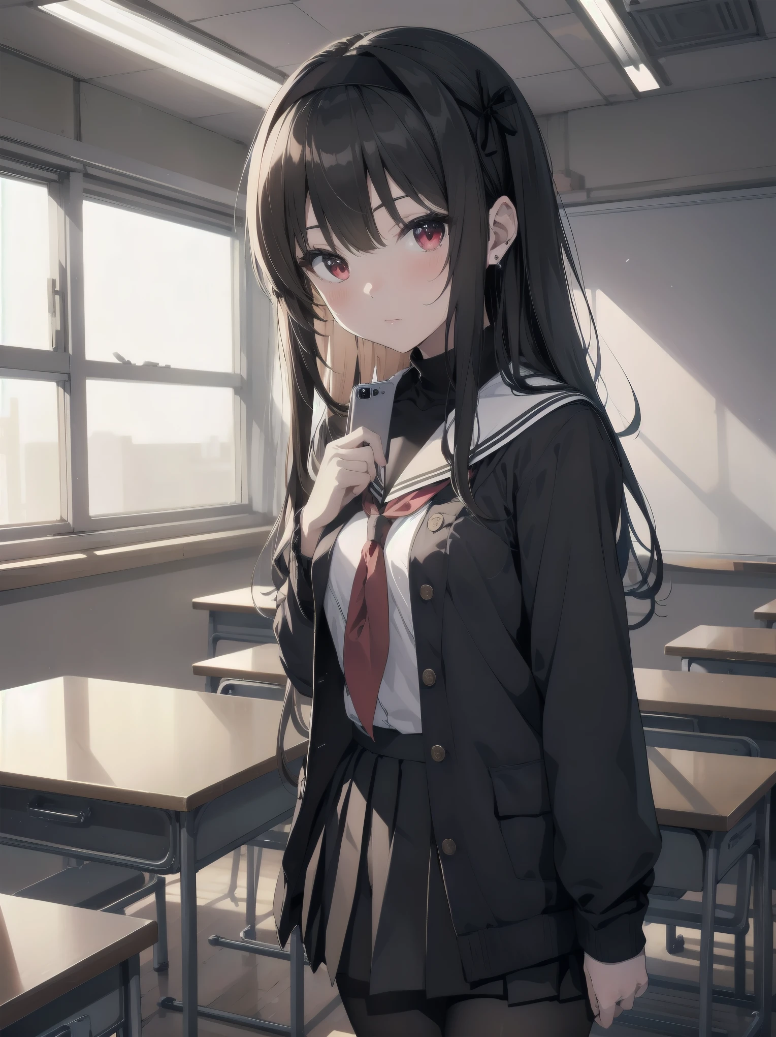 an anime girl standing in an empty room with a phone to her ear, 1girl, solo, , pantyhose, skirt, indoors, hairband, long hair, kasumigaoka utaha, looking at viewer, black hair, red eyes, breasts, blush, pleated skirt, black pantyhose, classroom, white hairband, long sleeves, bangs, neckerchief, closed mouth, desk, sailor collar, serafuku