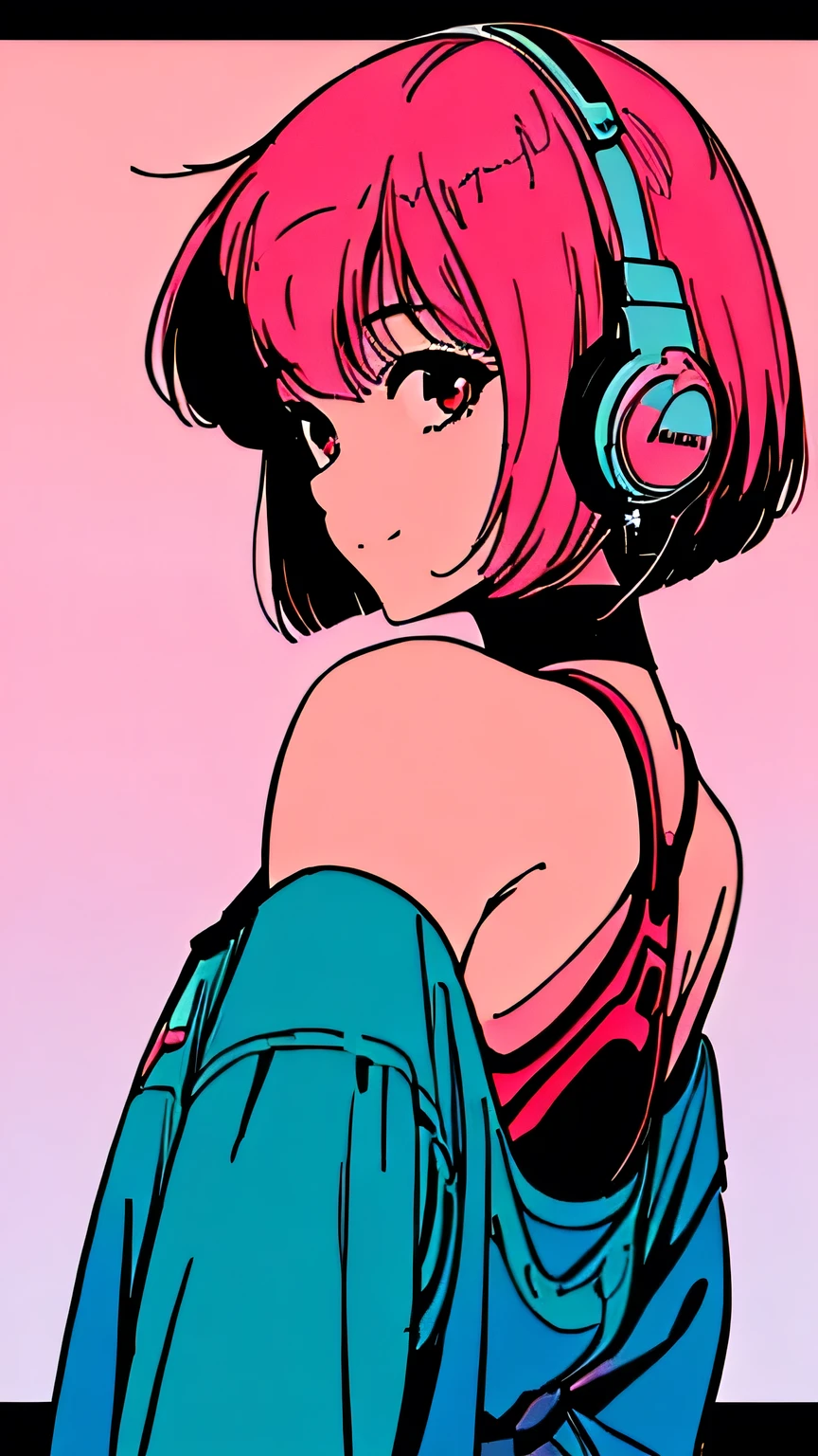 master piece, street fasion, Pink Hair, fluffy bob cut, shoulder length, alone, Futuristic, yet, lofi, retro, Alley, High resolution, ligit smile, Sunset, ((back shot)), looking away, high resolution, chillout, wearing headphones, simple background
