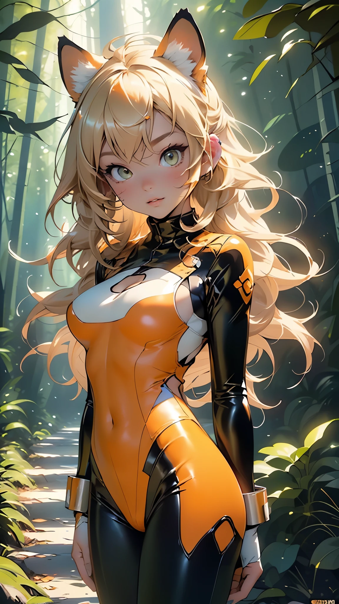 little cat girl,(((1girl))),(((little ,small tiny body,,chibi))),(((6 ))),((cat girl with extremely cute and beautiful blond)),(((cat girl,anthro furry cute,cat-girl))),(((tail,cat tail,cat ears,thin cat tail,cat ears on head,big cat ears))),
(large breasts:1.4),bountiful breasts,fluffy breasts,H cup bust,bust up,bulging bust top,(((blond messy hair:1.35,long hair,colored inner hair,messy hair,ear breathing))),((yellow_eye)), heart-shaped_pupilsintricate eyes,beautiful detailed eyes,symmetrical eyes,big eyes:1.3,((fat)),(((lustrous skin:1.5,bright skin: 1.5,skin tanned,shiny skin,very shiny skin,shiny body,plastic glitter skin,exaggerated shiny skin,illuminated skin))),(spider lower abdomen,narrow waist,wide hip,athletic body,inflated legs,thick thighs,detailed body,(detailed face)),
cute,slutty,seductive,erotic,(((nsfw))),
((hypnobodysuit, yellow_bodysuit, latex)), ((fake_animal_ears)), ((hypnosis)),
(dynamic pose:1.0),solo focus,happy,(centered,scale to fit dimensions,Rule of thirds),
((cute forest)), ((orange forest:1.5)),scenery:1.25,((intricate scenery)),((cute forest background)),puddles, scenery:1.25,((sunset, golden hour)),
(Glossy fantasy ornaments),highres,sharp focus,(ultra detailed,extremely detailed),(photorealistic artwork:1.37),(extremely detailed CG unity 8k wallpaper),(((vibrant colors,vibrant theme))),(intricate),(masterpiece),(best quality),artistic photography,(photography taken by sldr),(intricate background),perfect rendered face,perfect face details,realistic face,photo realistic,((intricate detail)),(((realism))),
