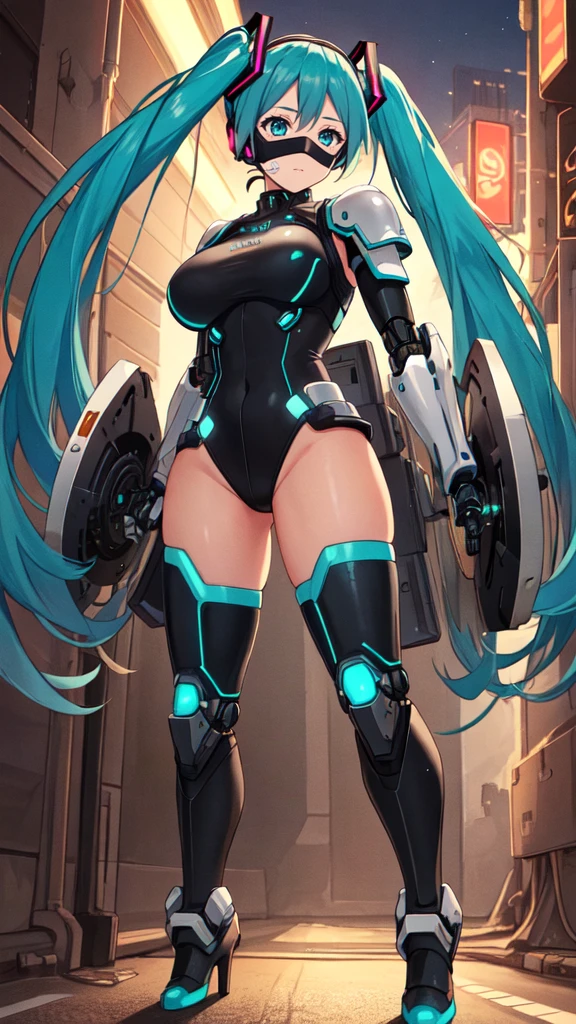 1girl, solo, (hatsune miku), , aqua hair, aqua eyes, twintails, heavy cybernetic boots, heavy cybernetic gauntlets, heavy cybernetic leotard, high heels, (heavy cybernetic visor:1.1), cybernetic face mask, cybernetic armor plating, mechanical parts, determined, glowing neon, thrusters, armor cooling vents, android, science fiction, motorcycle, mobile suit, good_face:0.8