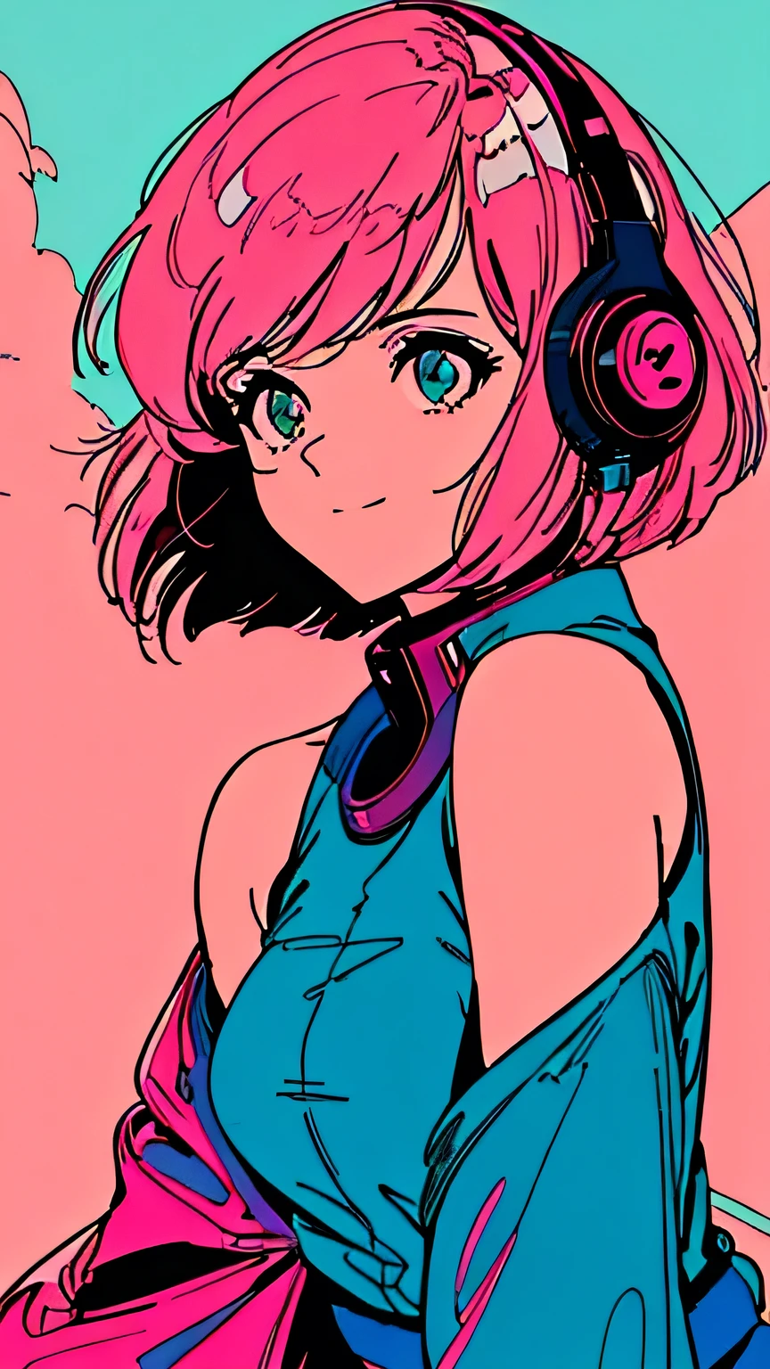 master piece, street fasion, Pink Hair, fluffy bob cut, shoulder length, alone, Futuristic, yet, lofi, retro, Alley, High resolution, ligit smile, The wind is blowing, back shot, looking away,  high resolution, chillout, wearing headphones, simple background