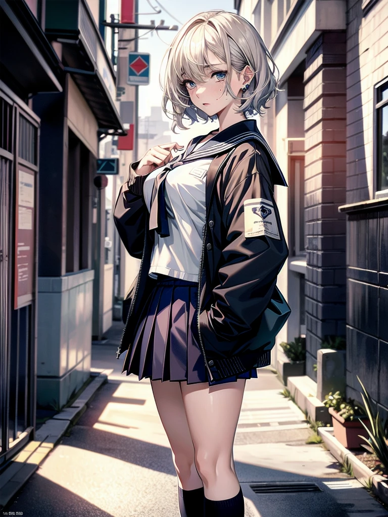 full body shot, absurdres, RAW photo, extremely delicate and beautiful, masterpiece, Best Quality, ultra high resolution, 32k, hyperrealistic, ultra-detailed, detailed description, pale skin, 20 years old, tearful mole, earring, Colossal , short medium hair, wavy hair, sailor uniform, school_uniform,