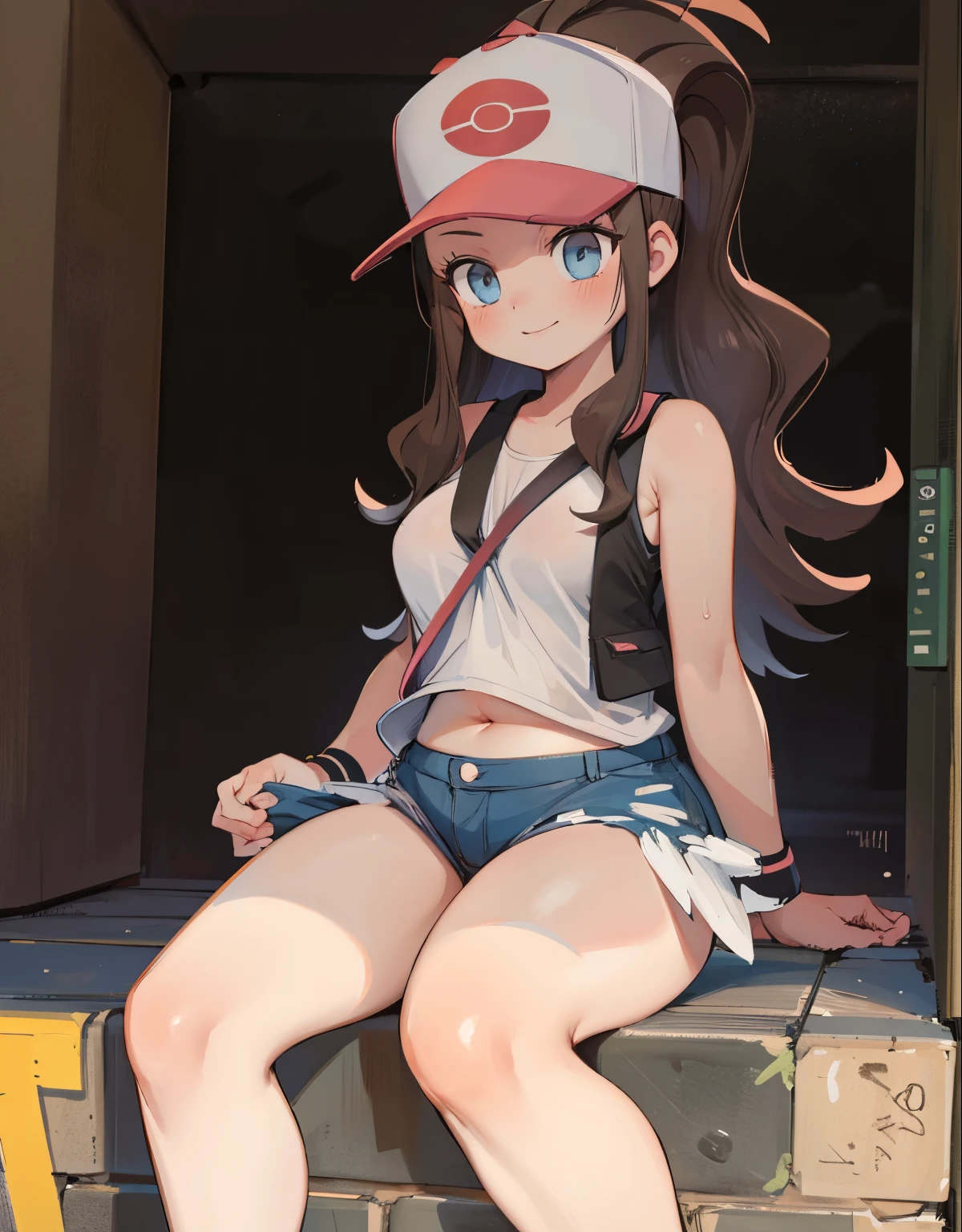 (best quality, highres, masterpiece:1.2), ultra-detailed, realistic:1.37, sketches, hilda pokemon, def1, teenage girl, sitting on her knees, curvy, visible thighs, chubby thighs, thick thighs, thighs in the foreground, body shape, dirty underpass, underpass, scary underpass, tocando su cuerpo, curious look, pokeballs, smile, encanto femenino