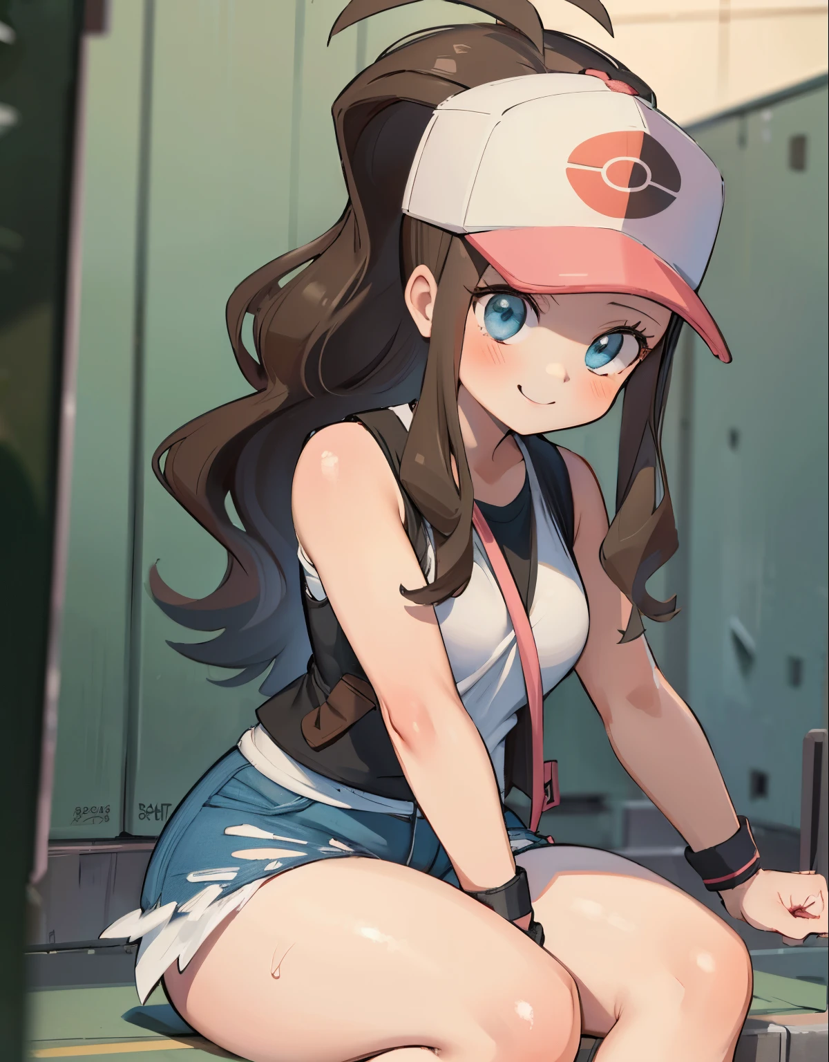 (best quality, highres, masterpiece:1.2), ultra-detailed, realistic:1.37, sketches, hilda pokemon, def1, teenage girl, sitting on her knees, curvy, visible thighs, chubby thighs, thick thighs, thighs in the foreground, body shape, dirty underpass, underpass, scary underpass, tocando su cuerpo, curious look, pokeballs, smile, encanto femenino