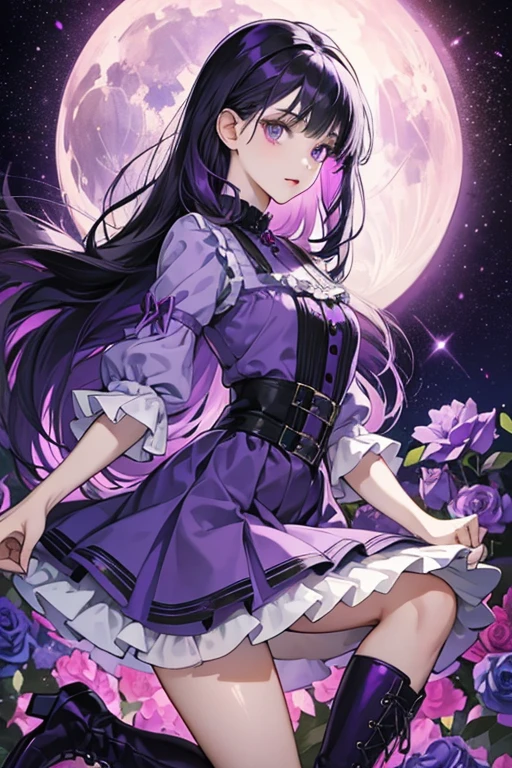 Luna has pale skin, purple eyes and black hair with indigo and purple streaks, she wears purple shirt in a magenta dress with purple ruffles along with the purple roses on it and the purple boots. SPARKLE; GLITTER