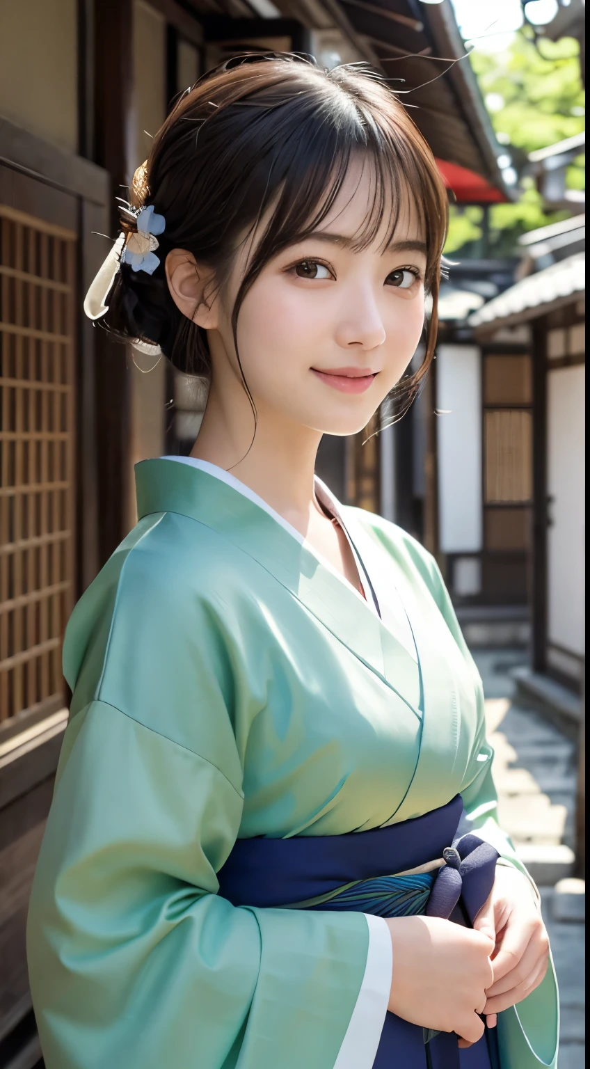 Professional Lighting,(Photorealistic:1.4), (Top image quality:1.0), (超A high resolution:1.0), 8k, Raw photography, (masterpiece:0.2), (Facing the children_v1:0.5)、(最高quality Detail:1.2)、Realistic、8K Ultra HD、High resolution、(1 girl:1.2)、超detailedな、High quality textures、複雑なdetailed、detailed、Very detailed CG、High quality shadows、detailed 美しく繊細な顔、Beautiful details and a delicate eye、(Symmetrical eyes:1.2),Written boundary depth、Ray Tracing,1 girl, Japanese Girls, (Natural smile:1.4),cute, thin, Portrait of a beautiful Japanese woman in a kimono, Standing elegantly on a street corner in Kyoto. Kimono with vibrant traditional patterns, Hair decorated with elegant and delicate hairpins, Gentle expression. (With the old streets of Kyoto in the background:1.4)、The soft light of a spring afternoon、Adding tranquility to the scene. Rendered in a Realistic style with great attention to detail, High resolutionの画像.Sky Porn, Magic Hour, (Realistic:1.3), finely, quality, (Tabletop:1.2), (Realistic:1.2), (最高quality), (複雑なdetailed), dramatic, Ray Tracing, photograph, +roller