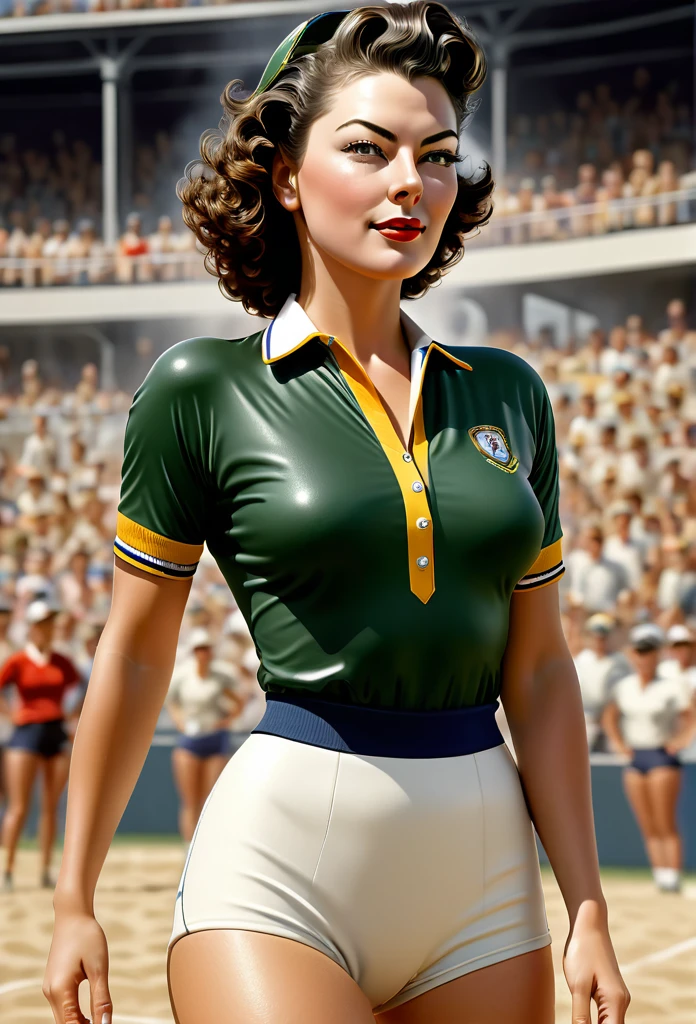 Fit, Athletic, 20 yo Modern Days Ava Gardner wears a stylish volley jersey, at volley field tournament, sweaty, energentic, detailed face, insanely detailed and intricate, volumetric lighting, spectators crowd at background, professional masterpiece photo realistic digital illustration by frank Bellamy, octane render