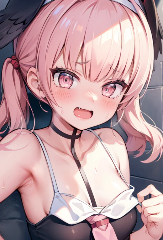 masterpiece,16k,8k,Delicate expression,highest quality,high resolution,High resolution,Sweat,1girl,look at viewer, seductive smile,sweat stains,pink hair,armpits,close up face,open mouth